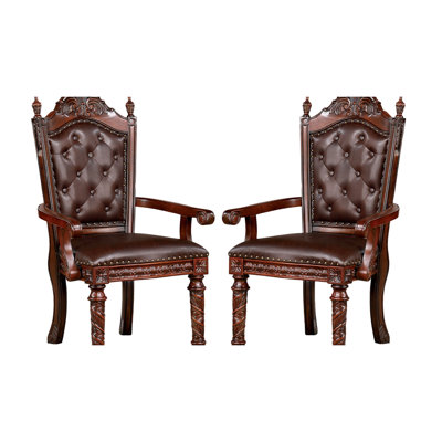 Chaises de salle à manger traditionnelles 2 pièces, structure en bois massif, siège brun foncé, pieds en corde torsadée, fauteuils élégants 2 pièces pour la salle à manger, bois, revêtement, luxe