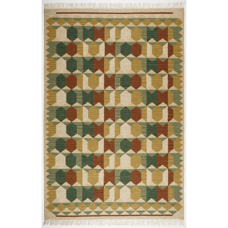 Livianne Natural Wool Kilim Pattern Hand Woven Area Rug - Modern Geometric Design-, Rectangle 120 x 170 cm