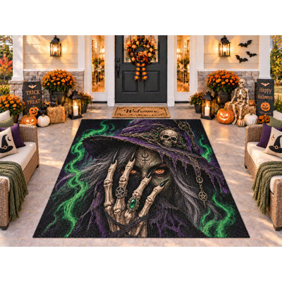 Tapis d'extérieur 152 x 213 cm (5 pi x 7 pi) motif crâne et chapeau de sorcière pour Halloween. Tapis épais, imperméable et résistant, en PVC bouclé, à séchage rapide, idéal pour terrasse, balcon ou entrée.