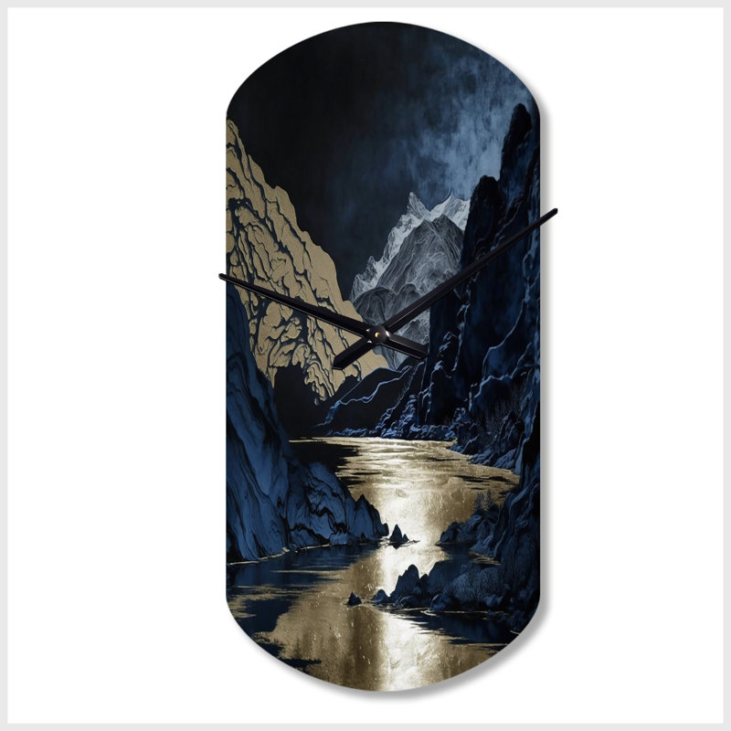 Horloge murale cylindrique en métal doré, rivière givrée et montagne III, Grand