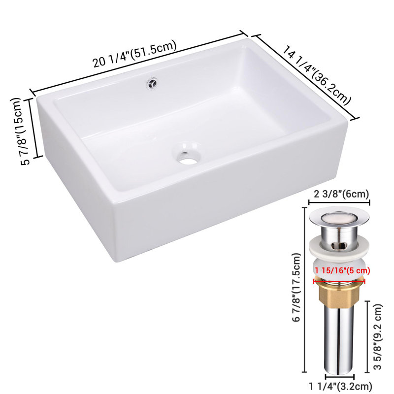 Aquaterior 20" x 14'' Porcelain Rectangular Bathroom Sink with Overflow Pop-up Drain, White