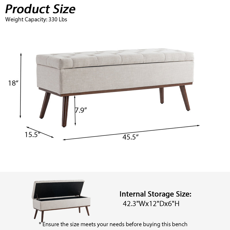 Delmy Linen Upholstered Storage Bench with Wood Base Tufted Ottoman, Beige