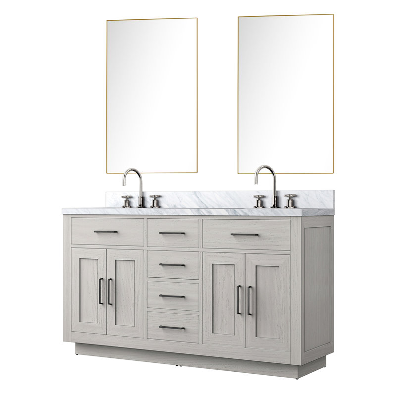 Meuble-lavabo double 60 po en chêne blanc avec comptoir en marbre, robinet et miroir de 55 po inclus