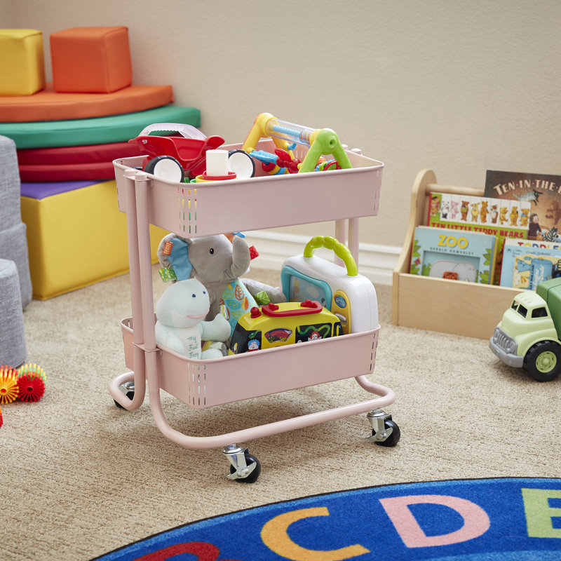 ECR4Kids Pink 2-Tier Metal Rolling Utility Cart