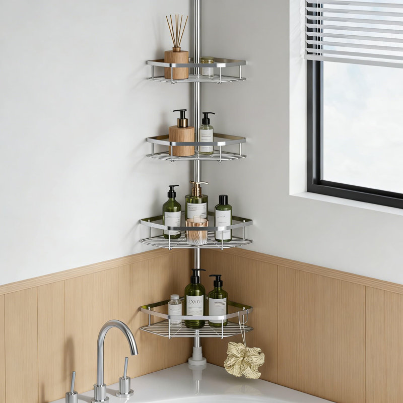 Serviteur de douche d'angle à poteau à tension réglable, organisateur de douche en acier inoxydable à 4 niveaux avec base et crochets antidérapants, installation sans perçage pour le rangement dans la salle de bain