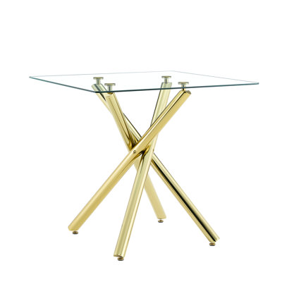 Table de bar en verre trempé avec pieds en croix en métal doré, convenant à un coin de maison et de salon