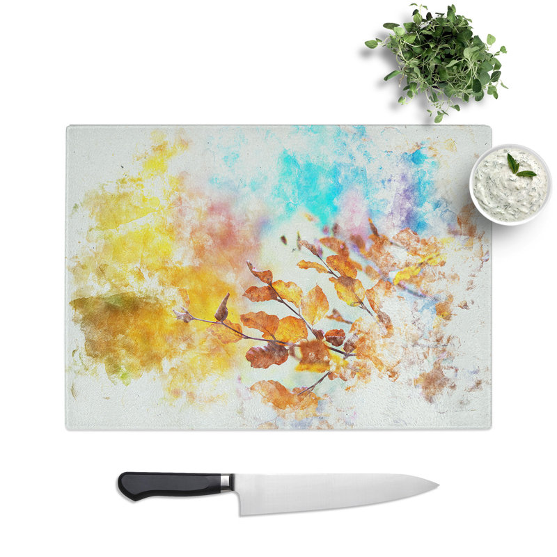 Tempered Glass Autumn Leaves Abstract Watercolour Chopping Board, 28.5 cm x 39 cm