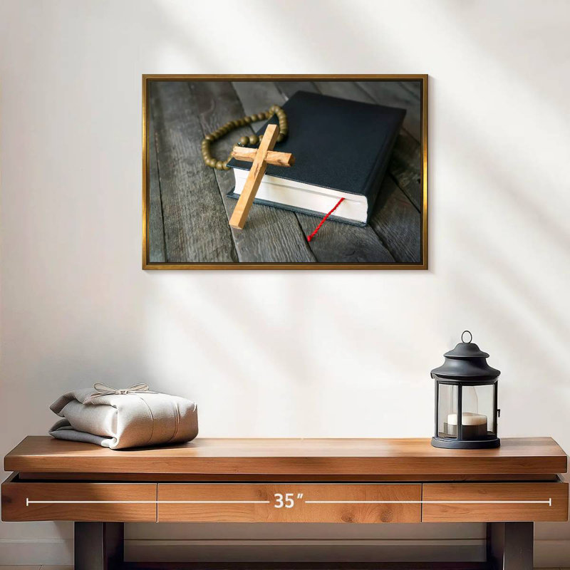 Croix en bois, Cadre flottant doré, 19 po x 13 po
