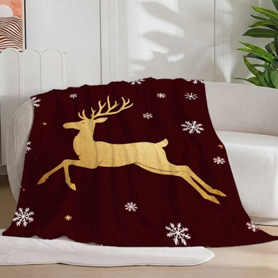 Couverture de flanelle de flocons de neige 1Pc Golden Reindeer, design de vacances élégant et chaleureux, jeté décoratif confortable pour canapé / lit / voyage 30 * 40