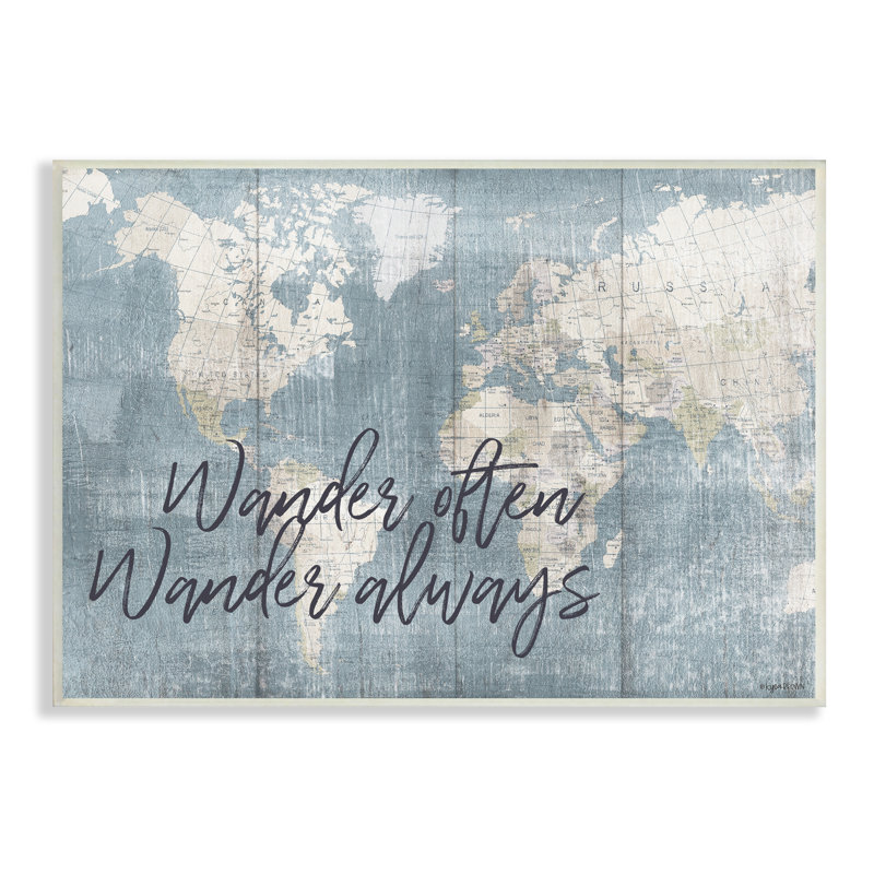 Motif délavé «World Map Wander Souv Toujours» - Impression sur toile, Plaque murale, H 15 po x l 10 po x P 0,5 po
