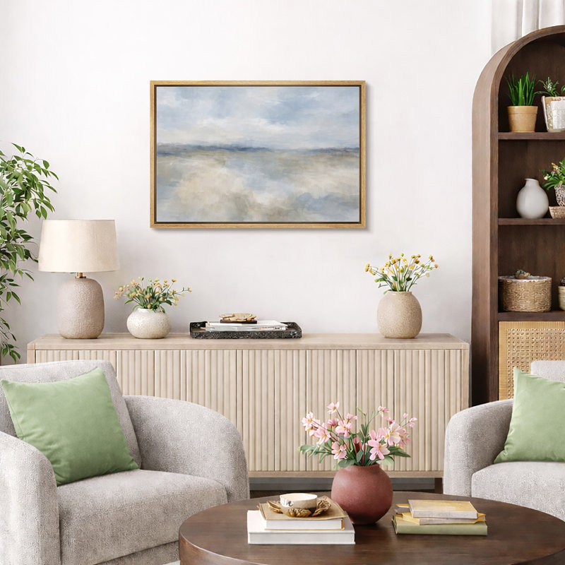 Soft Blue Beige Abstract Sky Landscape Artwork, Minimalist Living Room Pictures, Framed Canvas Giclee Print Wall Art
