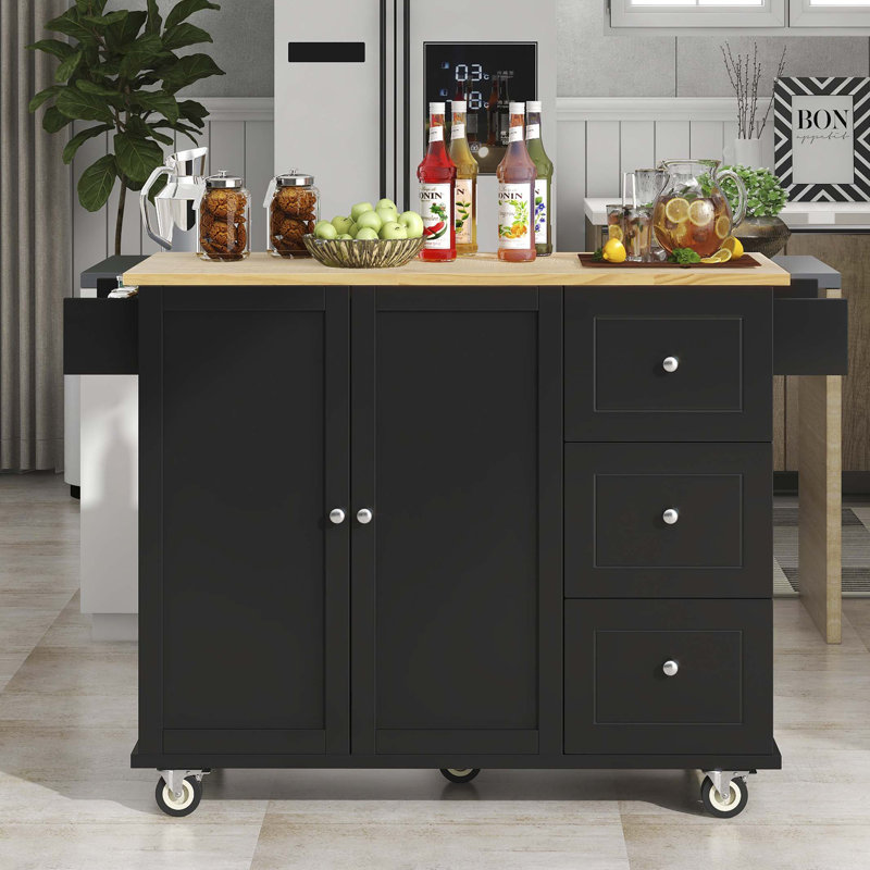 Îlot de cuisine de 52,7 po de largeur avec plateau en bois massif, Noir, noir, noir, noir