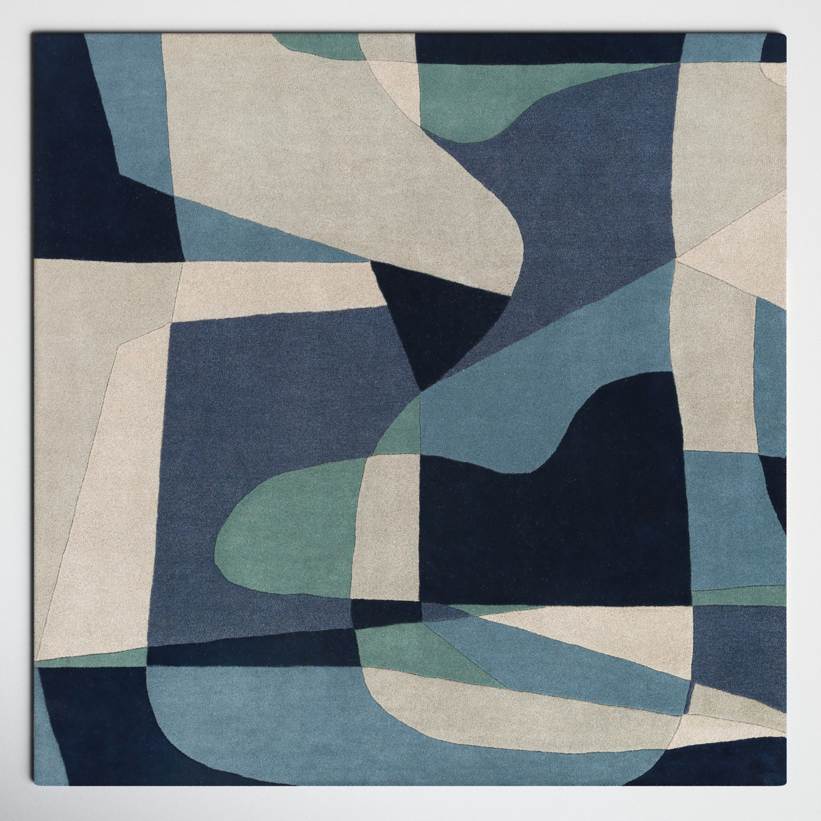 Gaye Teal Navy Beige Hand-Tufted Geometric Rug, Square 8'