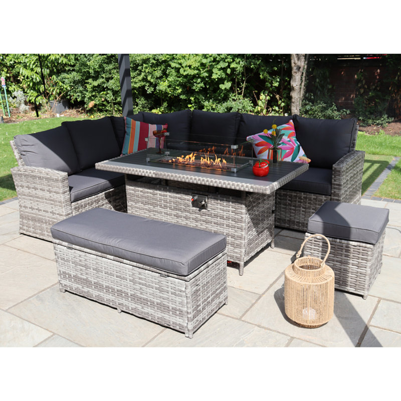 Werchter 9 Seater Corner Sofa Set with Fire-Pit Dining Table with Storage Box, Grey