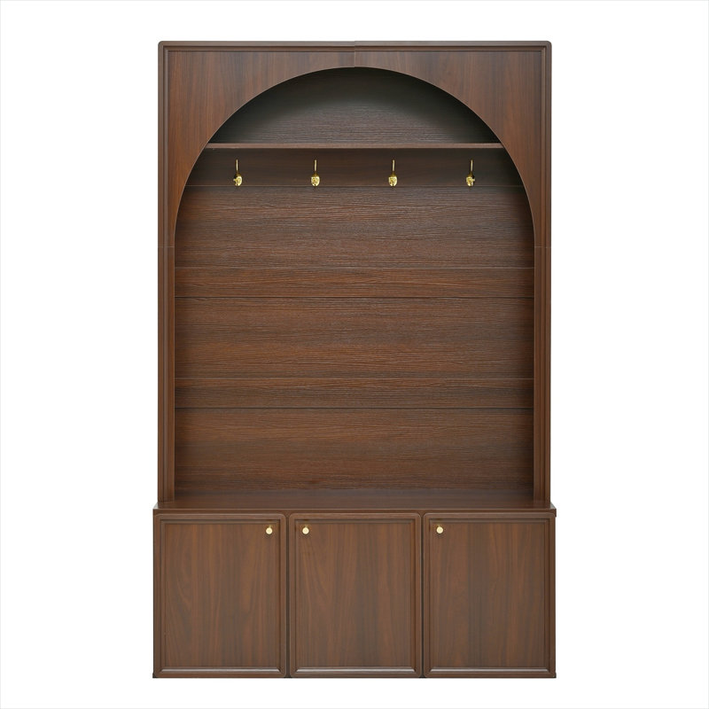 48.7-Inch Farmhouse Hall Tree with Bench, 3 Cabinets, 4 Golden Hooks, Classic Brown