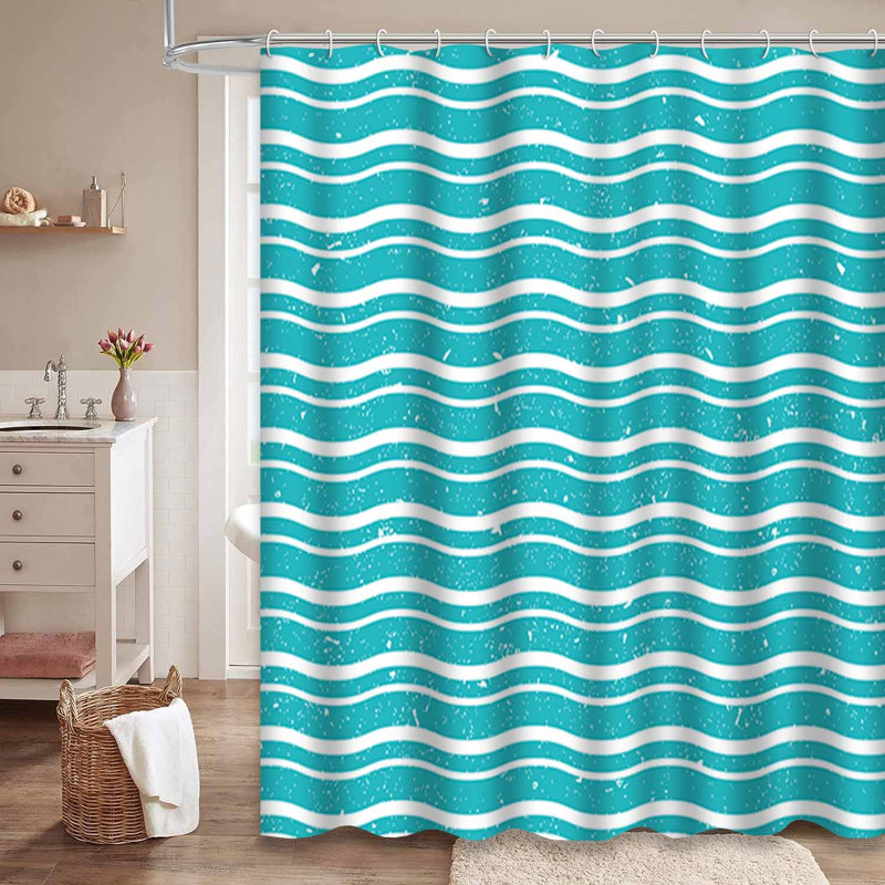 Waterproof Abstract Blue Bath Grunge Wave Shower Curtain with 12 Hooks, 72" L x 84" W