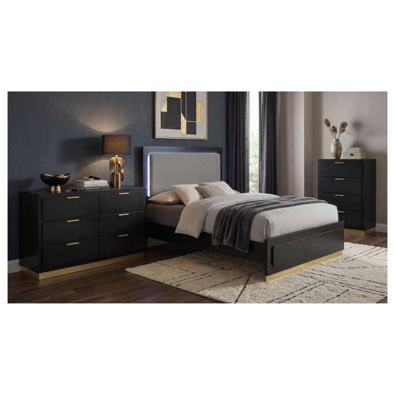 Ensemble de chambre à coucher 3 pièces noir safran pour lit queen avec tête de lit DEL, commode et chiffonnier
