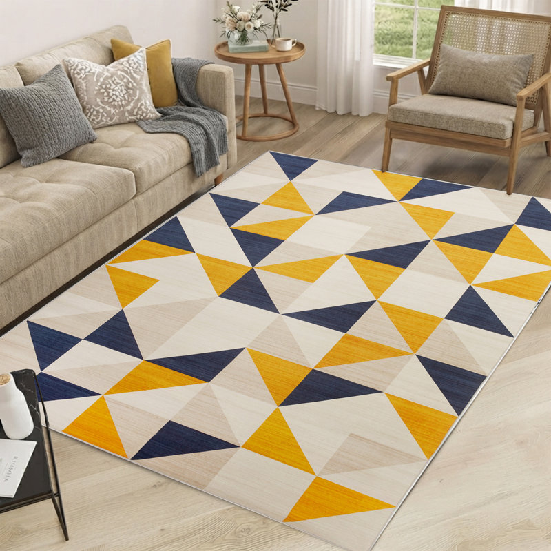 Modern Geometric Machine Tufted Area Rug – Navy Blue, Yellow & Ivory, Rectangle  120 x 170 cm
