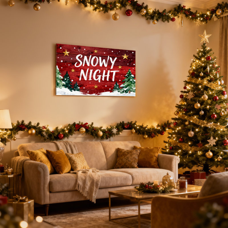 «Christmas Snowy Night», planches de bois, étoiles, arbres, neige, ensemble de 3 impressions sur toile, H 12 po x l 18 po