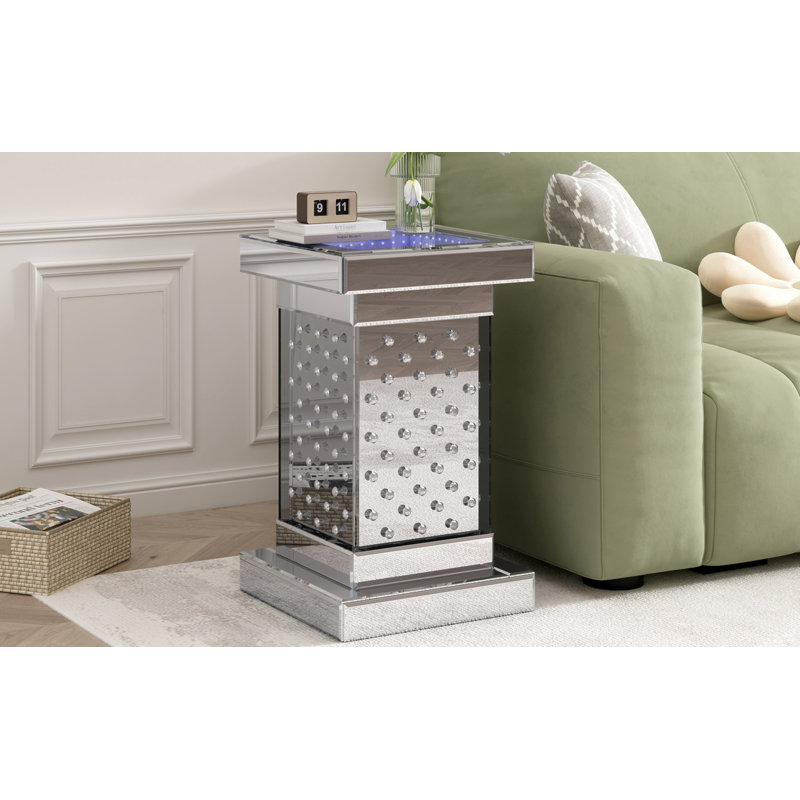 Modern Mirrored Side Table With LED Lights And Crystal Inlay For Living Room