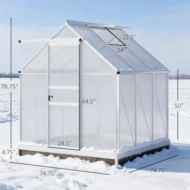 6.2' W X 6.2' D X 6.6' H Aluminum  Greenhouse Heavy Duty Green House With Adjustable Roof Vent Rain Gutter And Sliding Door For Winter