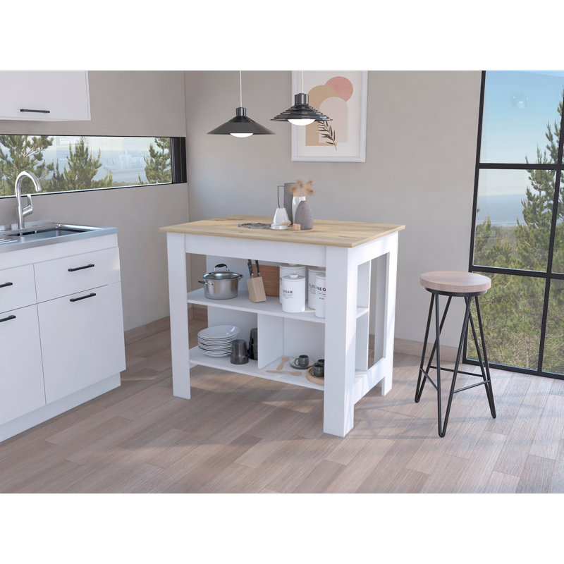 Îlot de cuisine à 3 tablettes blanc et chêne clair, Blanc