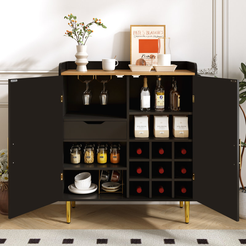 Meuble-bar à café moderne cannelé avec casier à vin à 9 compartiments, tiroir caché et tablettes ajustables, Black