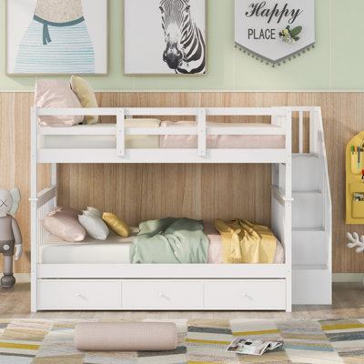 Lit superposé en escalier avec tiroir, garde-corps et garde-corps pour chambre à coucher, blanc