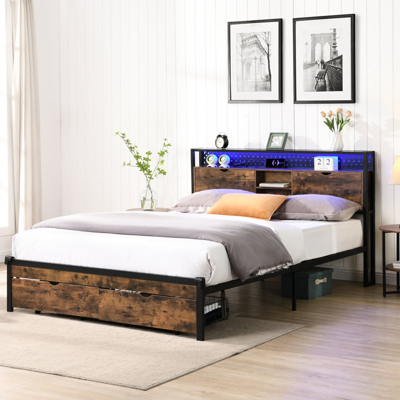 Structure de lit plateforme en métal très grand lit, tête de lit en bois avec fonction de charge, 2 tiroirs, lumières à DEL, pas de sommier, cadre facile à assembler avec charge, assemblage simple, poids de 600 lb