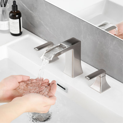 Brushed Nickel 8 Inch Widespread Bathroom Sink Faucet With Pop Up Drain And Hose, 3 Hole, Double Lever Handle, Tap Faucet, Drain, Handle Basin Mixer Hose