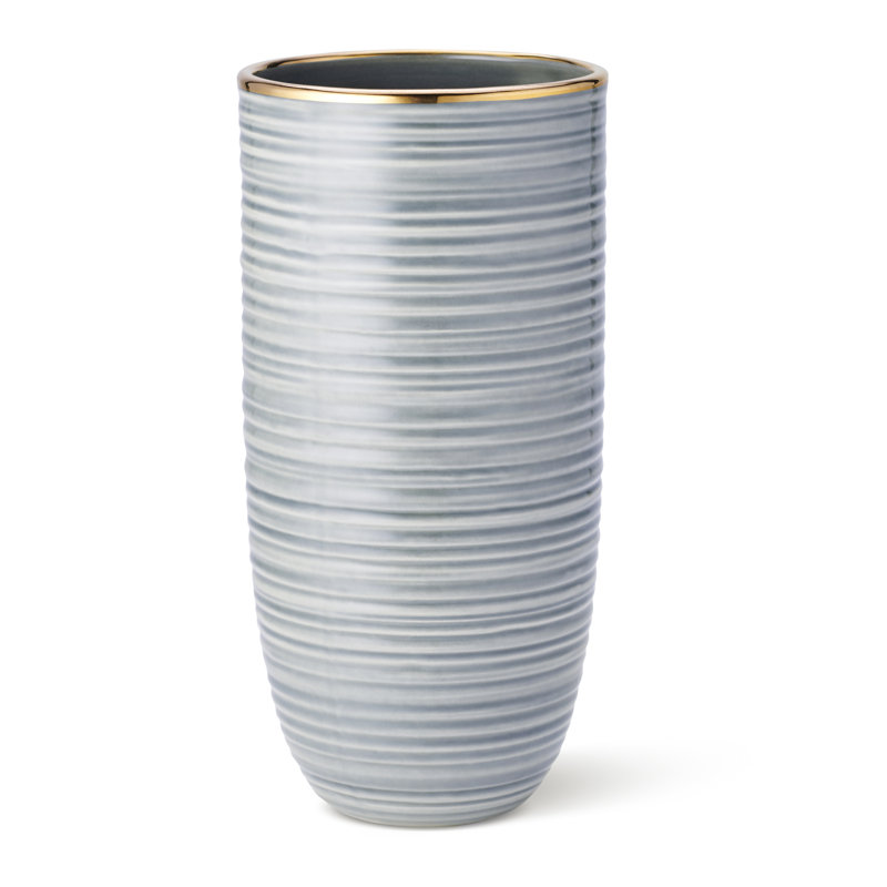 Gray Ceramic Cylinder Table Vase with Gold Rim