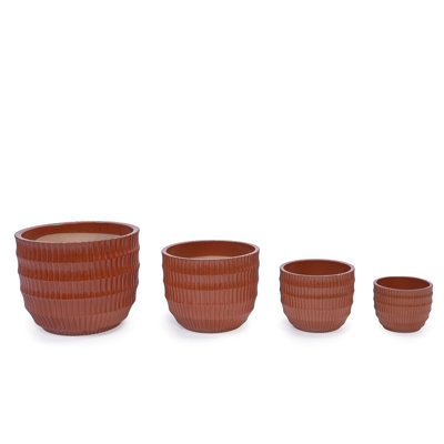 Ensemble de 4 pots de fleurs modernes en céramique corail, construction renforcée avec drainage intégré, idéal pour divers environnements, résistant à la chaleur, 37 cm (L) x 29,6 cm (l) x 14,87 cm (H), poids 14 kg, résistant au gel et aux intempéries