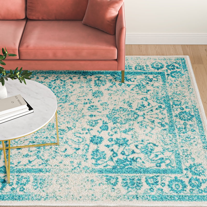 Tapis ivoire / bleu sarcelle à motif floral Olius, Rectangle 6 pi x 9 pi
