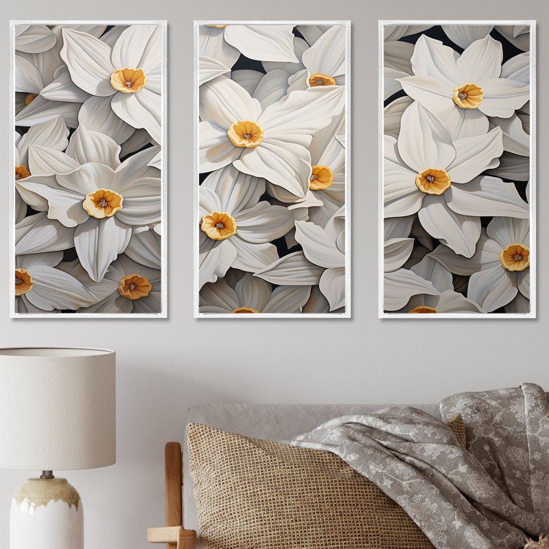 Minimalisme, jonquilles blanches III - ensemble de jonquilles sur toile, Cadre flottant blanc, H 32 po x l 48 po x P 1 po