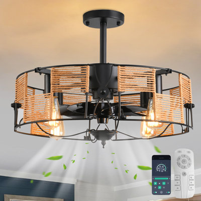 19" 4 - Light Farmhouse Boho Rattan Caged Chandelier Ceiling Fan With Light Kit And Remote