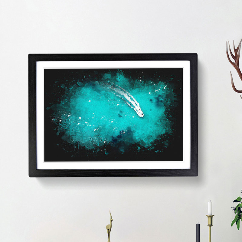 Boat Passing over the Ocean in Corfu Greece - Picture Frame Painting Print, 45cm H x 63cm W x 2cm D, Black Framed
