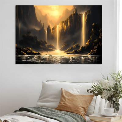 Décoration murale 1 pièce, toile encadrée 24 po x 36 po, chute d'eau Canyon, lumière dorée du matin, affiche épique, décoration murale, cadeau idéal pour chambre à coucher, salon, couloir, dortoir, prêt à accrocher
