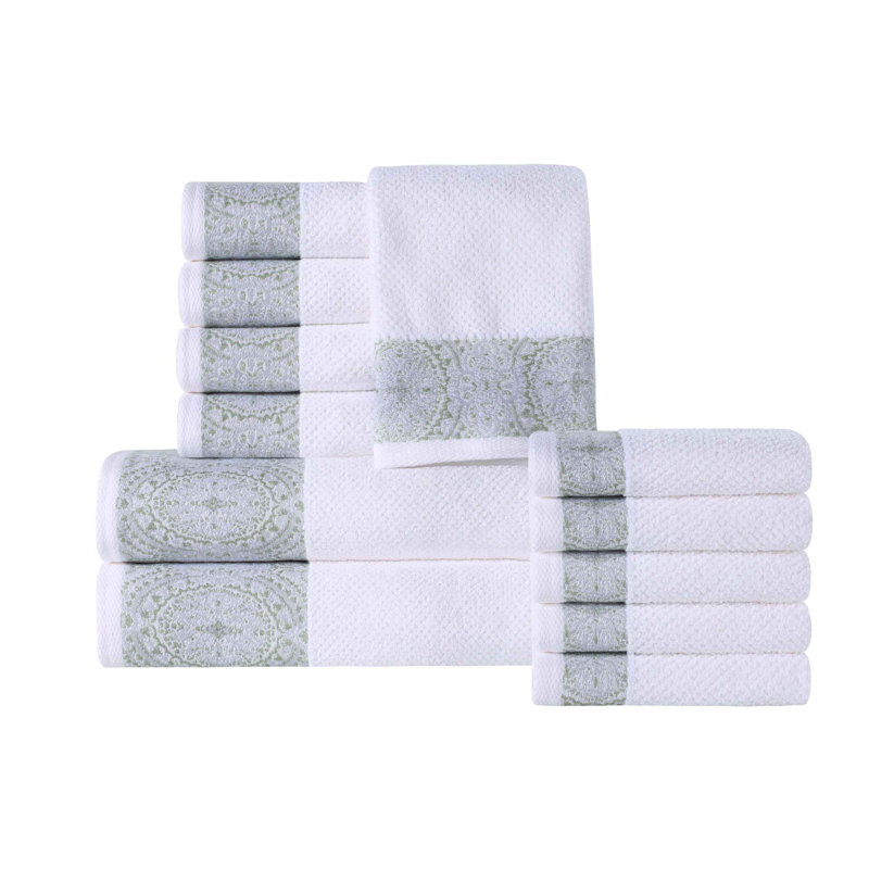 Ludwicka Medallion Cotton Jacquard Textured Soft Absorbent 12 Piece Assorted Bathroom Towel Set, Silver