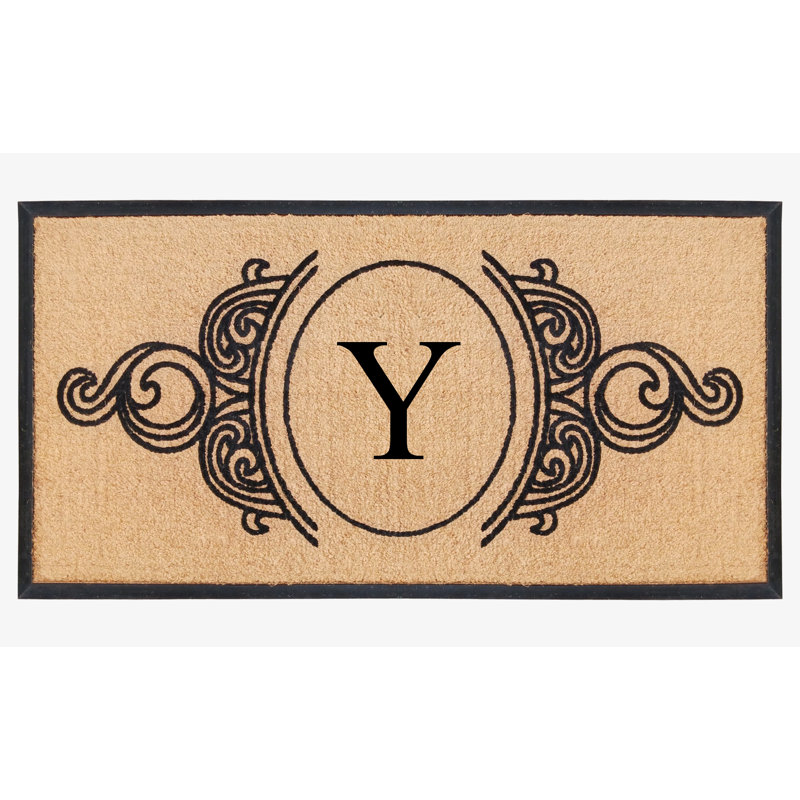 Tapis de porte en fibre de coco naturel et en caoutchouc monogrammé à la main Jahkobe Floral - 30 po x 60 po, robuste, durable et durable