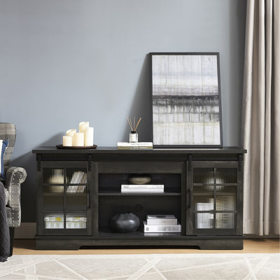 Meuble télé avec portes coulissantes en verre trempé gris anthracite de 65 po, pouvant accueillir une télé de 65 po, l 60,58 po x P 15,75 po x H 27,8 po, espace généreux