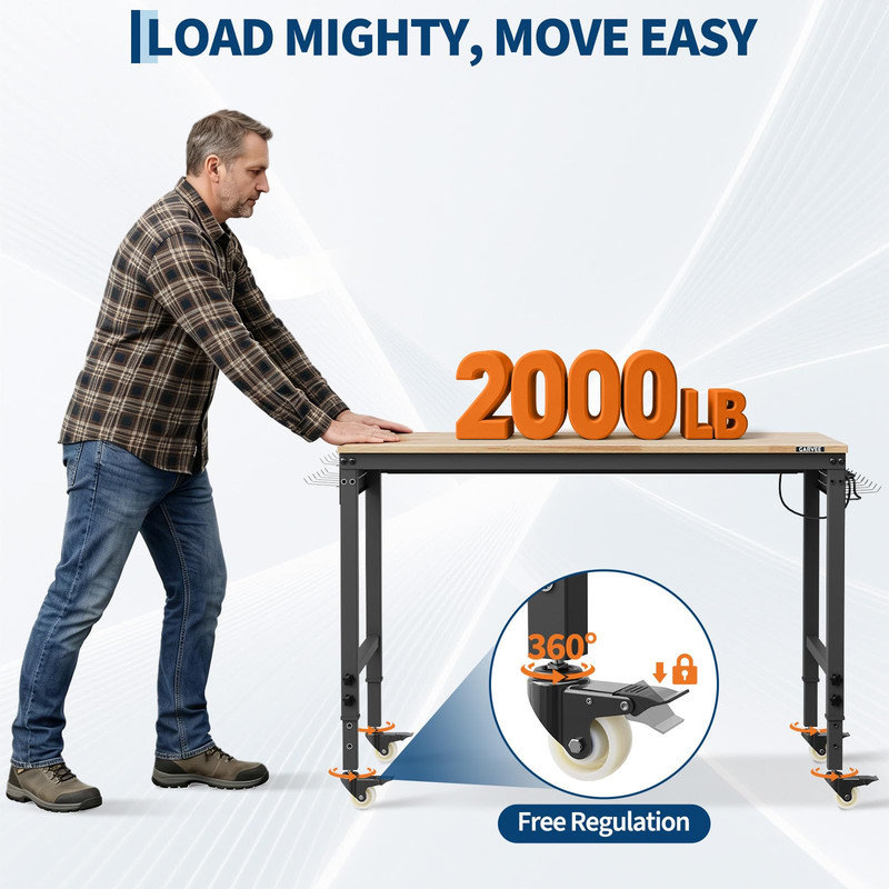 48" x 24" Heavy-Duty Workbench, 2000 lb Load – 6-Level Adjustable Height, Rubberwood Top, ETL Outlets & Pegboard