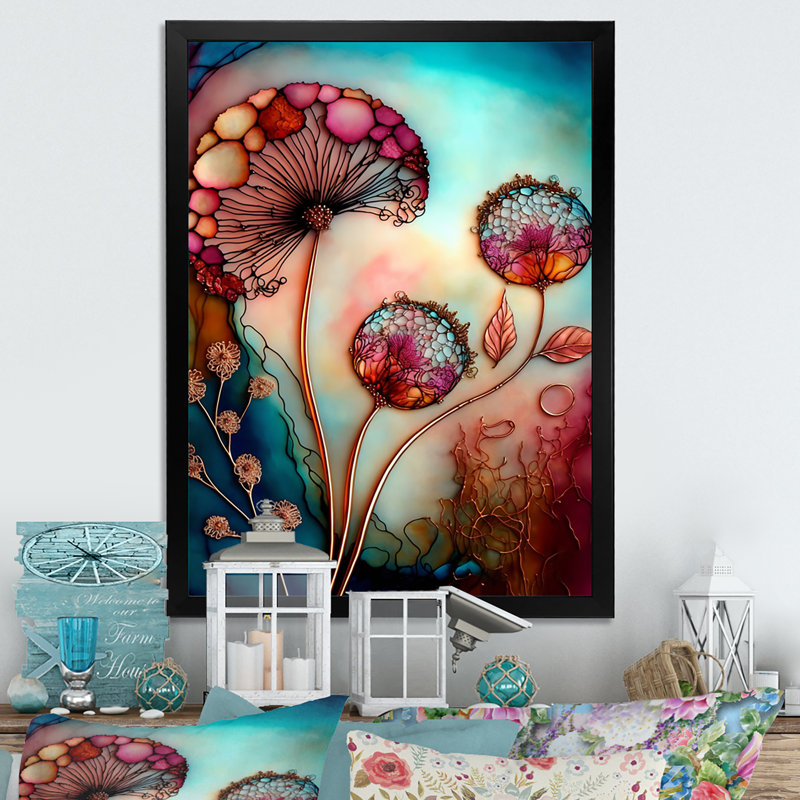 Magenta Retro Flowers - reproduction sur toile, Impression noire sur toile encadrée, H 20 po x l 12 po x P 1 po