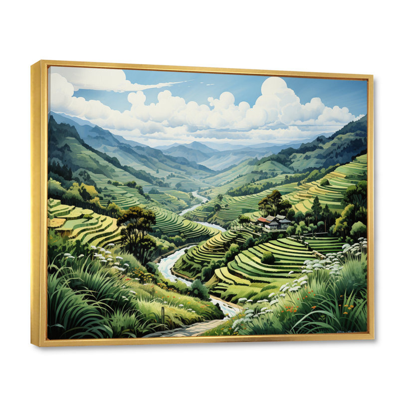 Champ de riz vert vietnamien I - impression, H 16 po x l 32 po x P 1 po, Cadre flottant doré