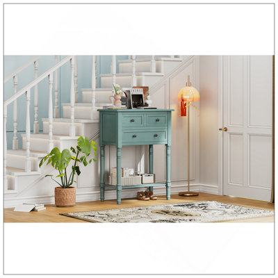 Console étroite, canapé mince avec trois tiroirs de rangement et tablette inférieure (bleu clair)