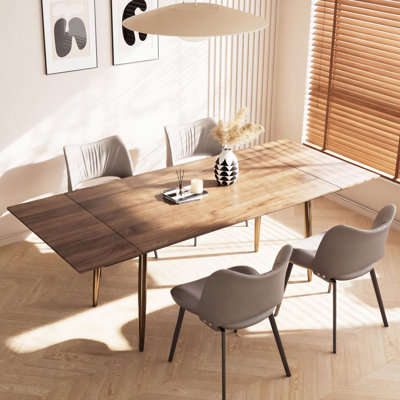 Modern Extendable Dining Table, 63" to 94" Rectangular Wood Kitchen Table with Tapered Metal Legs, Walnut/Gold