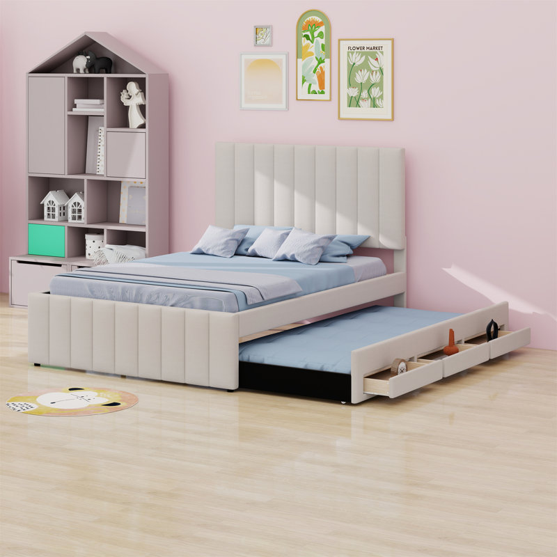 Lit plateforme tapissier avec lit gigogne et 3 tiroirs, Beige