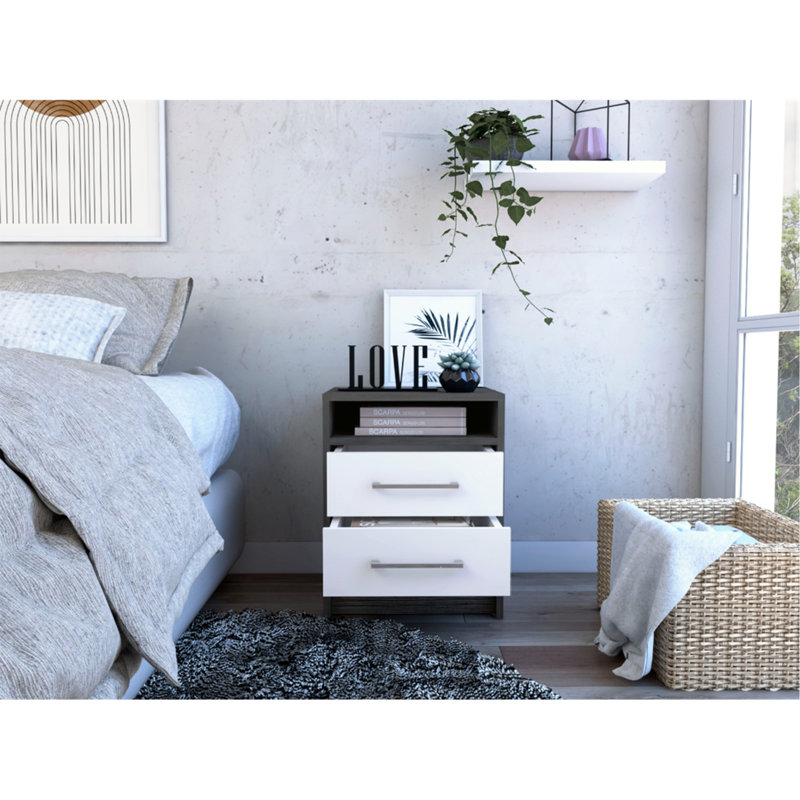 Table de chevet Cartiz, deux tiroirs, Noir / blanc