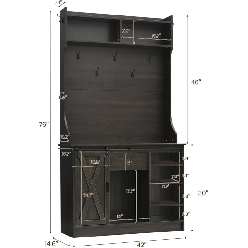 Farmhouse Hall Tree with Storage, 42 Inch Wide Entryway Bench with 2 Sliding Barn Doors,Tall Hall Tree with Coat Rack & Shoe Storage