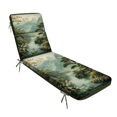 Coussin de chaise longue 72,5 po L × 21 po l × 3 po P (siège) - Motif paysage de montagne majestueux, rivière tranquille et cerisiers en fleurs - Épaisseur : 7,6 cm (3 po) - Résistant aux intempéries - Matelas pour chaise longue, fauteuil inclinable ou terrasse - Idéal pour piscine, porche, terrasse ou jardin