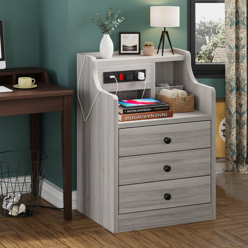 17.7'' W White Nightstand - Charging Station, Hutch Top, 3 Storage Drawers - Modern Design, Gray